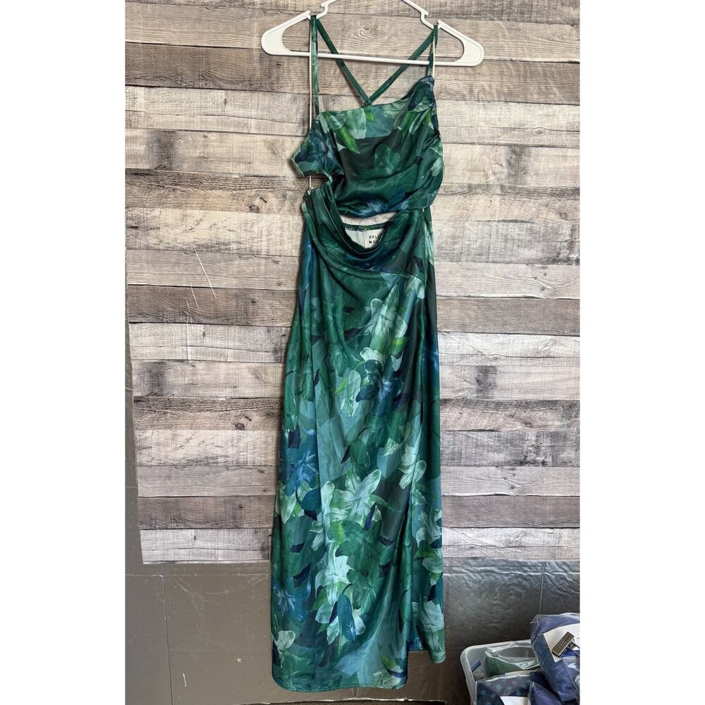 Hello Molly Women's Count It In Green Satin Midi Dress Center Cut Out Sz 4